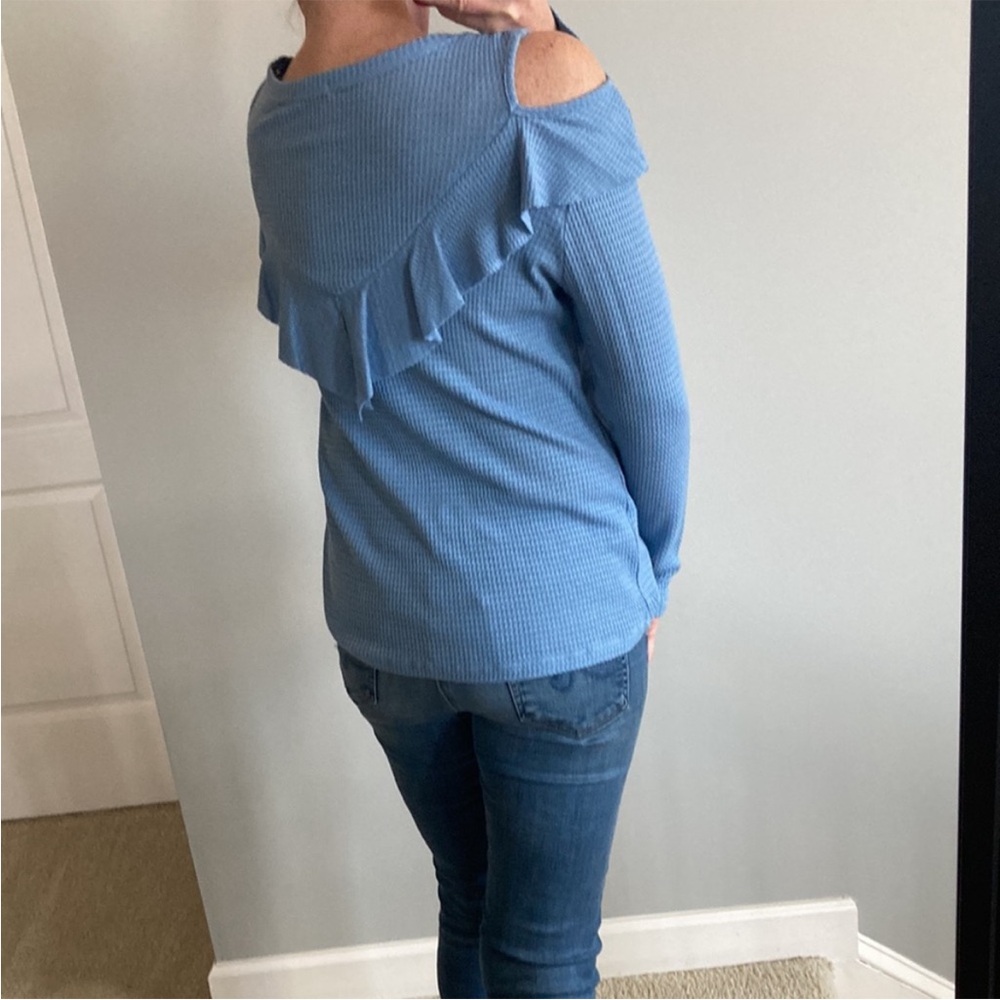 Women's Blue Ruffle Cold Shoulder Top - Picture 6 of 8
